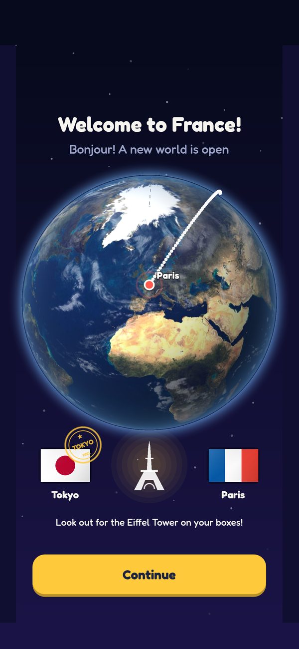 The box arrives in France on a real globe